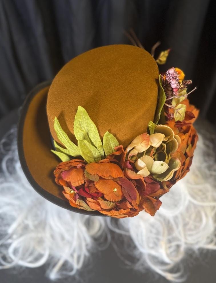 Coco Spice Autumn Floral Top Hat – Ochre Top Hat, Fall Floral Hat, Cottagecore Headpiece, Harvest Hat, Ren Faire, Festival Wear