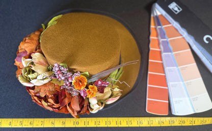 Coco Spice Autumn Floral Top Hat – Ochre Top Hat, Fall Floral Hat, Cottagecore Headpiece, Harvest Hat, Ren Faire, Festival Wear