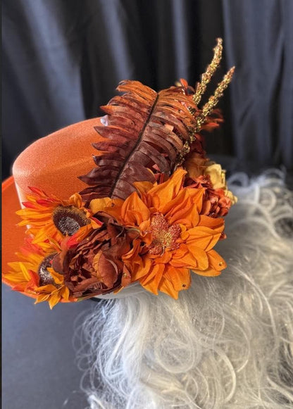 Orange Crush Fiery Harvest Top Hat – Orange Floral Top Hat, Festival Hat, Autumn Headpiece, Bold Statement Hat, Ren Faire, Cosplay