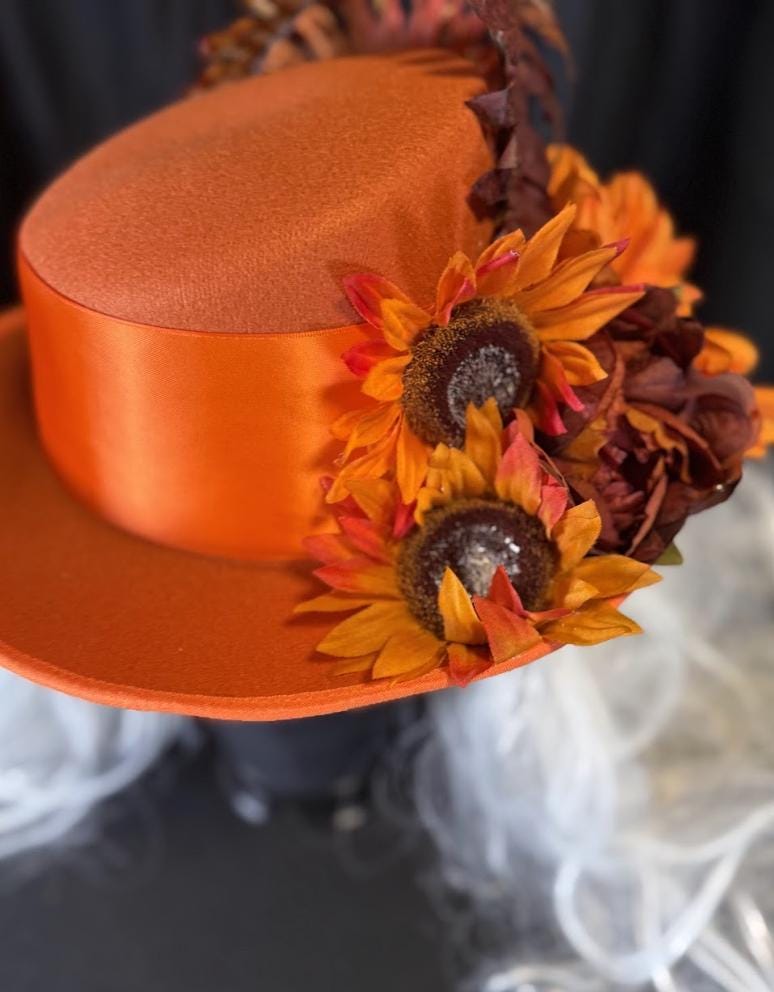 Orange Crush Fiery Harvest Top Hat – Orange Floral Top Hat, Festival Hat, Autumn Headpiece, Bold Statement Hat, Ren Faire, Cosplay