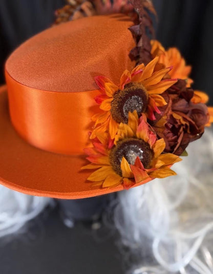 Orange Crush Fiery Harvest Top Hat – Orange Floral Top Hat, Festival Hat, Autumn Headpiece, Bold Statement Hat, Ren Faire, Cosplay
