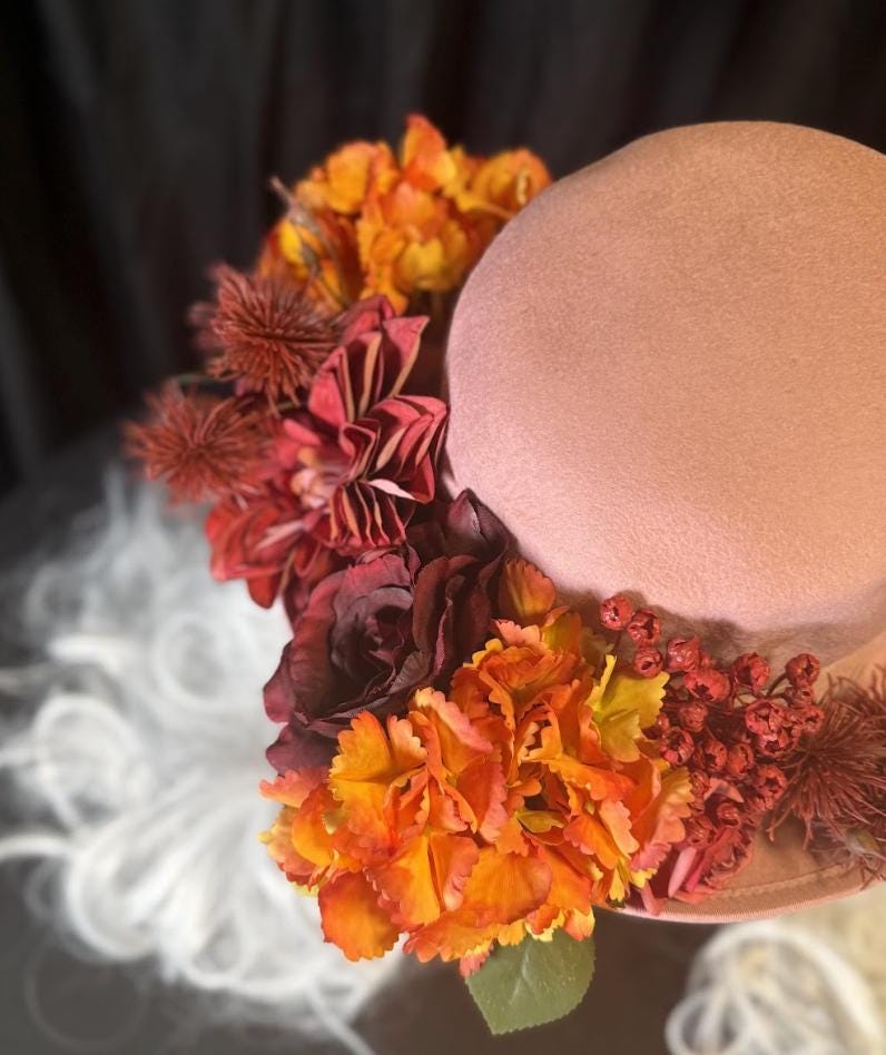 Thankful Thistle Harvest Rose Top Hat – Floral Top Hat, Rose Gold Hat, Autumn Headpiece, Cottagecore Hat, Ren Faire, Festival Wear