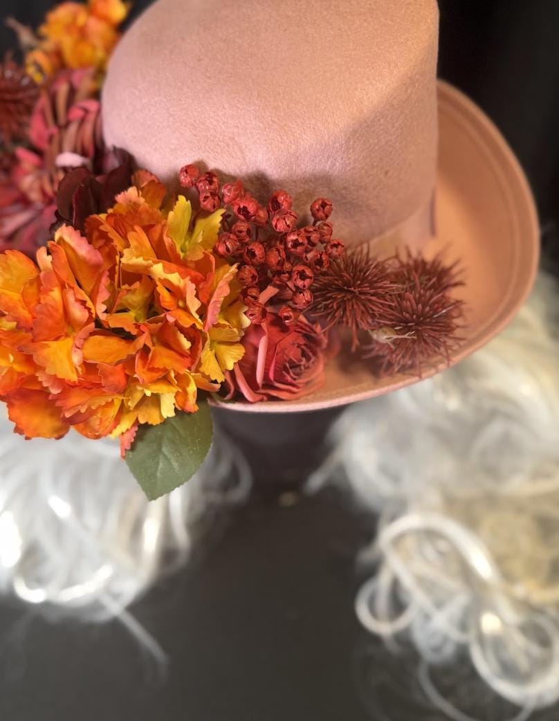 Thankful Thistle Harvest Rose Top Hat – Floral Top Hat, Rose Gold Hat, Autumn Headpiece, Cottagecore Hat, Ren Faire, Festival Wear