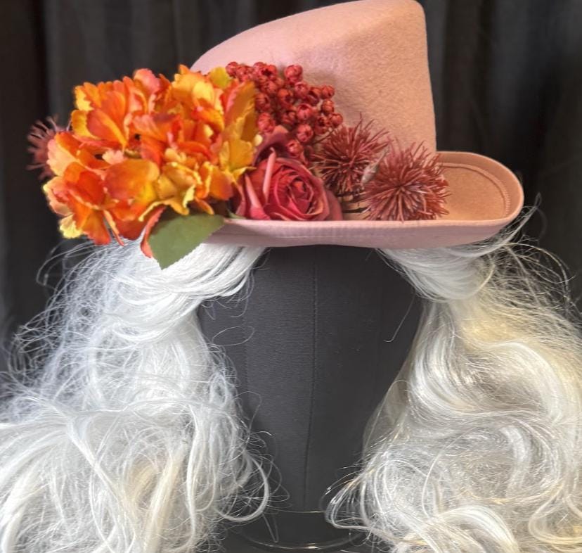 Thankful Thistle Harvest Rose Top Hat – Floral Top Hat, Rose Gold Hat, Autumn Headpiece, Cottagecore Hat, Ren Faire, Festival Wear