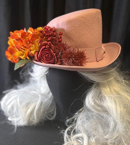 Thankful Thistle Harvest Rose Top Hat – Floral Top Hat, Rose Gold Hat, Autumn Headpiece, Cottagecore Hat, Ren Faire, Festival Wear