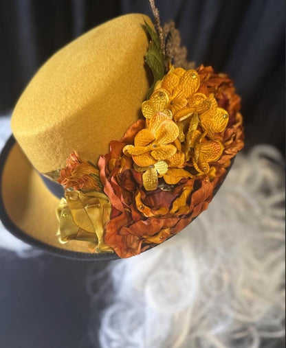 Colonel Mustard Golden Harvest Top Hat – Mustard Yellow Top Hat, Floral Steampunk Hat, Victorian Dapper Hat, Autumn Hat, Ren Faire, Cosplay