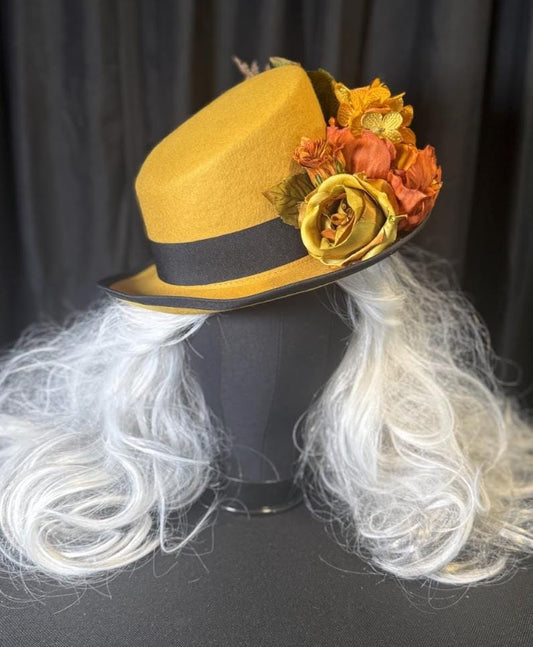 Colonel Mustard Golden Harvest Top Hat – Mustard Yellow Top Hat, Floral Steampunk Hat, Victorian Dapper Hat, Autumn Hat, Ren Faire, Cosplay