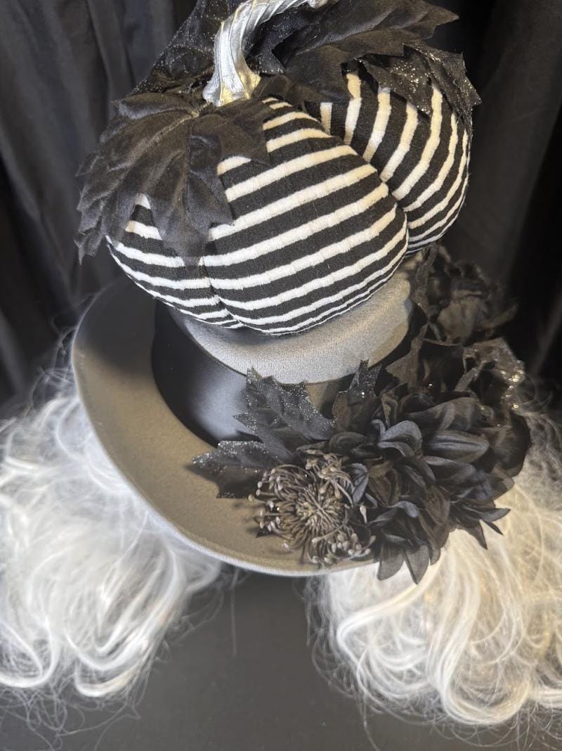 Pumpkin Head Striped Harvest Top Hat – Halloween Top Hat, Black White Stripe Hat, Gothic Whimsy Hat, Beetlejuice Style, Cosplay, Ren Faire