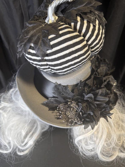 Pumpkin Head Striped Harvest Top Hat – Halloween Top Hat, Black White Stripe Hat, Gothic Whimsy Hat, Beetlejuice Style, Cosplay, Ren Faire
