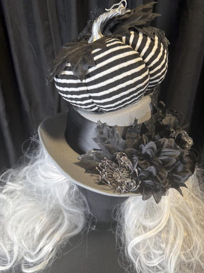 Pumpkin Head Striped Harvest Top Hat – Halloween Top Hat, Black White Stripe Hat, Gothic Whimsy Hat, Beetlejuice Style, Cosplay, Ren Faire