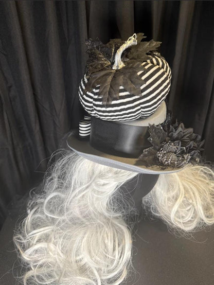 Pumpkin Head Striped Harvest Top Hat – Halloween Top Hat, Black White Stripe Hat, Gothic Whimsy Hat, Beetlejuice Style, Cosplay, Ren Faire