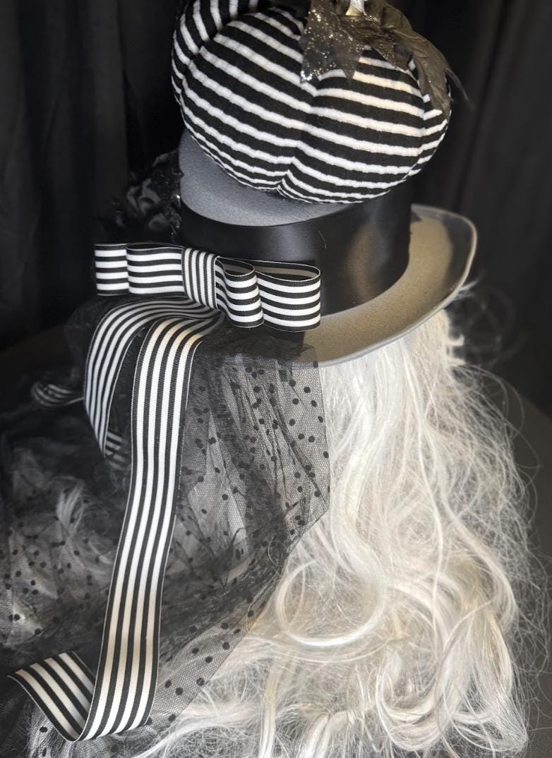 Pumpkin Head Striped Harvest Top Hat – Halloween Top Hat, Black White Stripe Hat, Gothic Whimsy Hat, Beetlejuice Style, Cosplay, Ren Faire