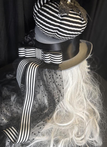 Pumpkin Head Striped Harvest Top Hat – Halloween Top Hat, Black White Stripe Hat, Gothic Whimsy Hat, Beetlejuice Style, Cosplay, Ren Faire