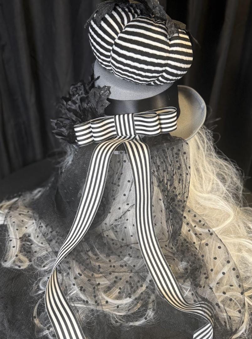 Pumpkin Head Striped Harvest Top Hat – Halloween Top Hat, Black White Stripe Hat, Gothic Whimsy Hat, Beetlejuice Style, Cosplay, Ren Faire