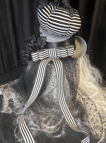 Pumpkin Head Striped Harvest Top Hat – Halloween Top Hat, Black White Stripe Hat, Gothic Whimsy Hat, Beetlejuice Style, Cosplay, Ren Faire