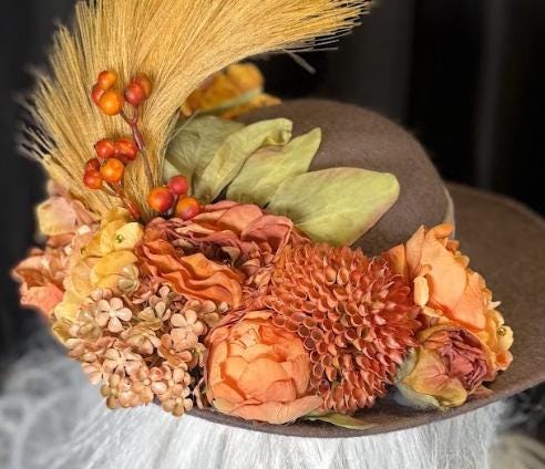 Earl Gray Autumn Boho Hat – Neutral Fall Hat, Vintage Floral Hat, Wide Brim Hat, Cottagecore Hat, Harvest Festival Style