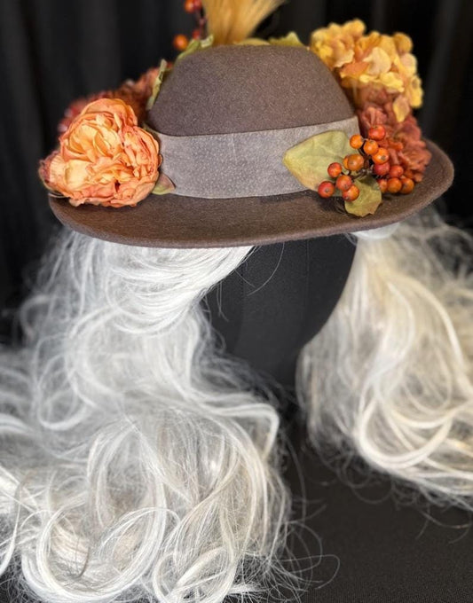 Earl Gray Autumn Boho Hat – Neutral Fall Hat, Vintage Floral Hat, Wide Brim Hat, Cottagecore Hat, Harvest Festival Style