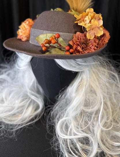 Earl Gray Autumn Boho Hat – Neutral Fall Hat, Vintage Floral Hat, Wide Brim Hat, Cottagecore Hat, Harvest Festival Style