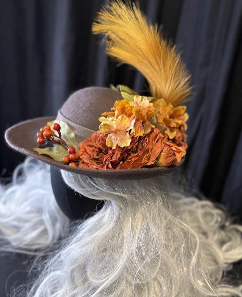 Earl Gray Autumn Boho Hat – Neutral Fall Hat, Vintage Floral Hat, Wide Brim Hat, Cottagecore Hat, Harvest Festival Style