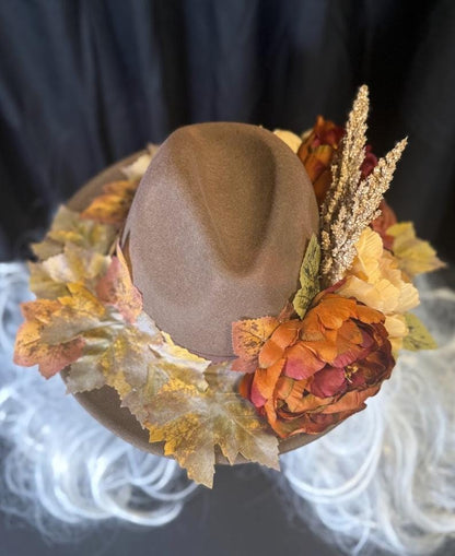 Turning Leaf Autumn Boho Hat – Fall Floral Hat, Wide Brim Hat, Harvest Festival Hat, Cottagecore Hat, Thanksgiving Outfit