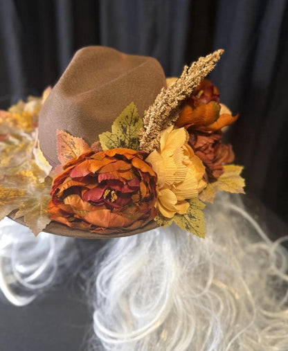 Turning Leaf Autumn Boho Hat – Fall Floral Hat, Wide Brim Hat, Harvest Festival Hat, Cottagecore Hat, Thanksgiving Outfit