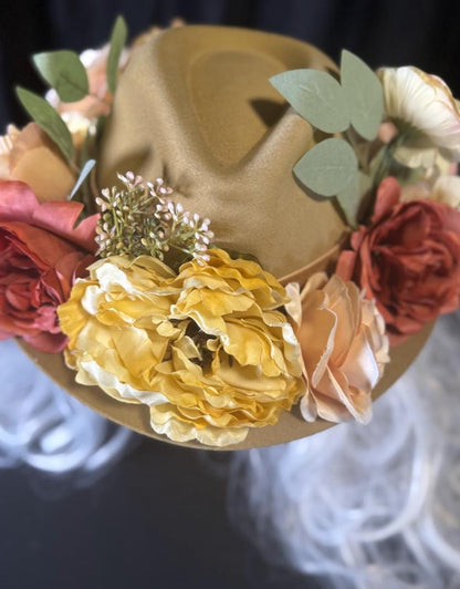 Sunset Dune Boho Floral Hat – Bohemian Wide Brim Hat, Festival Hat, Floral Crown Hat, Desert Style, Summer Hat, Cottagecore