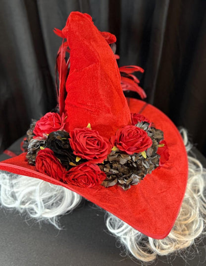 Rose Witch Enchanted Witch Hat – Red Velvet Witch Hat, Gothic Rose Headpiece, Dark Romantic Hat, Halloween Costume, Ren Faire, Cosplay