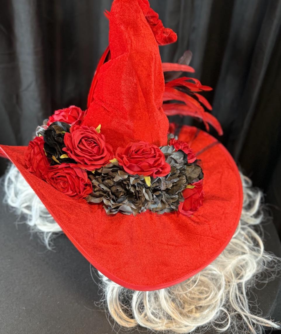 Rose Witch Enchanted Witch Hat – Red Velvet Witch Hat, Gothic Rose Headpiece, Dark Romantic Hat, Halloween Costume, Ren Faire, Cosplay