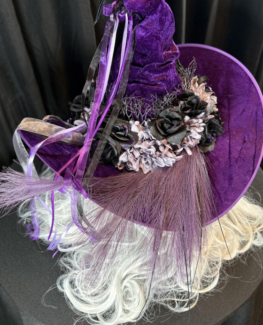 Raven Whisper Witch Hat – Velvet Gothic Witch Hat, Black Raven Headpiece, Dark Fantasy Hat, Halloween Costume, Ren Faire, Cosplay