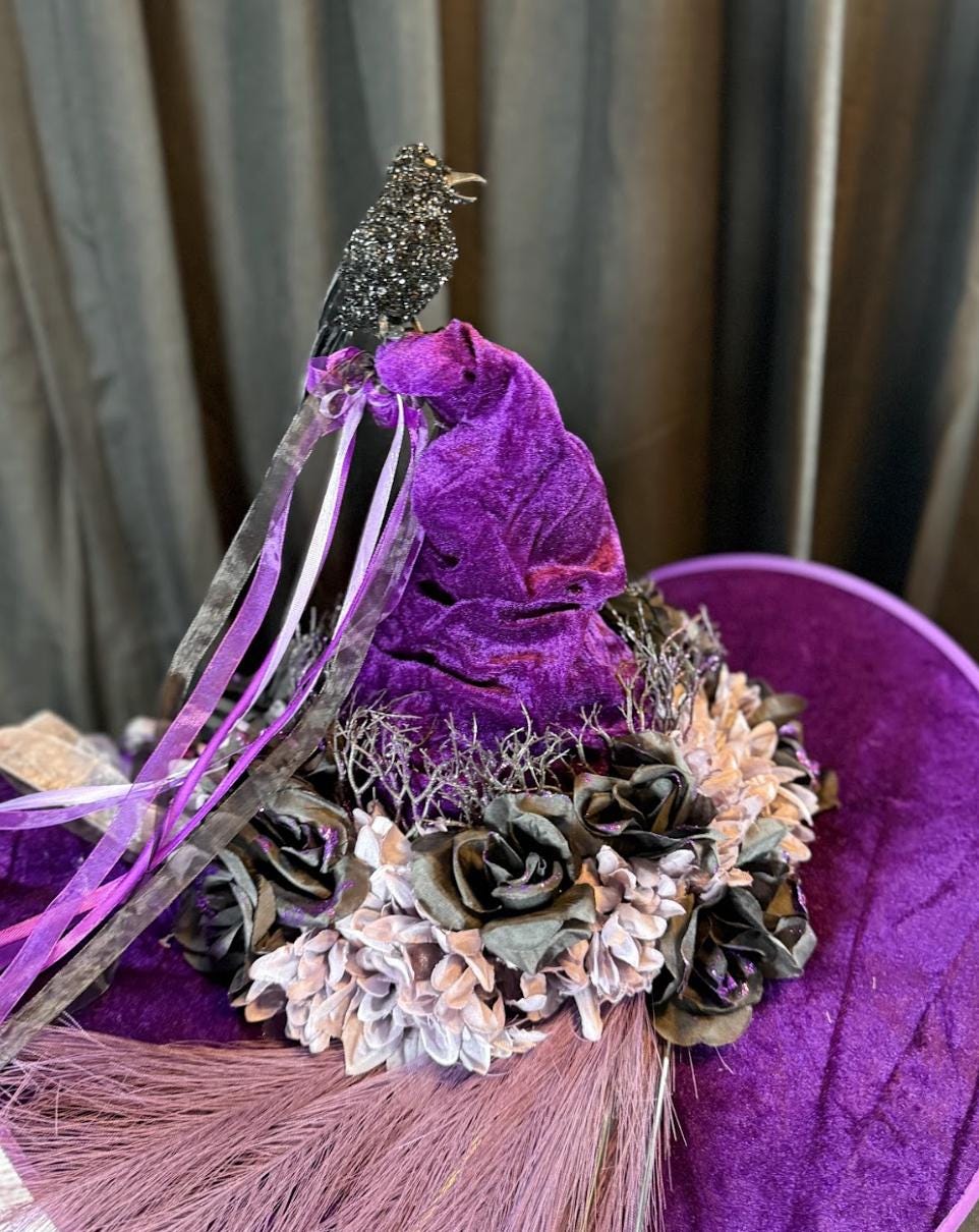Raven Whisper Witch Hat – Velvet Gothic Witch Hat, Black Raven Headpiece, Dark Fantasy Hat, Halloween Costume, Ren Faire, Cosplay