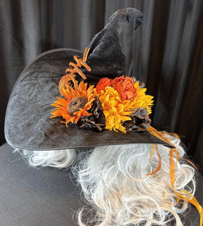Trick or Treat Witch Hat – Embellished Halloween Hat, Floral Witch Hat, Pumpkin Spice, Costume Hat, Ren Faire, Cosplay, Festival Headpiece