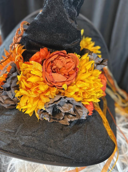 Trick or Treat Witch Hat – Embellished Halloween Hat, Floral Witch Hat, Pumpkin Spice, Costume Hat, Ren Faire, Cosplay, Festival Headpiece
