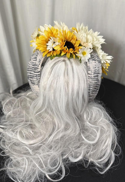 Sunkeeper Horned Headdress, Ram Horn Headpiece, Sunflower Flower Crown, Elven Tiara, Fairy Crown, Ren Faire Costume, Photoshoot Prop