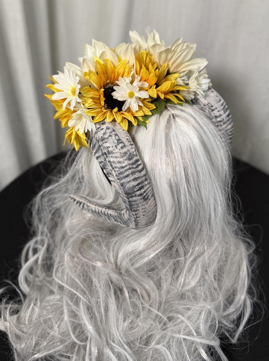 Sunkeeper Horned Headdress, Ram Horn Headpiece, Sunflower Flower Crown, Elven Tiara, Fairy Crown, Ren Faire Costume, Photoshoot Prop