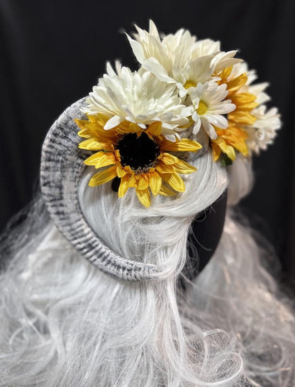 Sunkeeper Horned Headdress, Ram Horn Headpiece, Sunflower Flower Crown, Elven Tiara, Fairy Crown, Ren Faire Costume, Photoshoot Prop