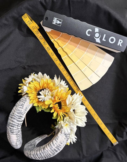 Sunkeeper Horned Headdress, Ram Horn Headpiece, Sunflower Flower Crown, Elven Tiara, Fairy Crown, Ren Faire Costume, Photoshoot Prop