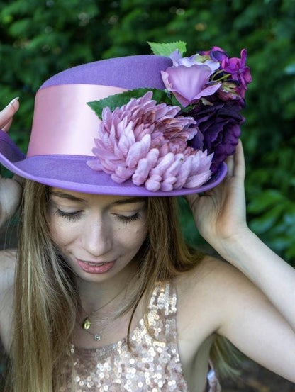Lady Lavender Floral Top Hat – Lavender Pink Hat, Fairycore Headpiece, Garden Party Hat, Pastel Top Hat, Ren Faire, Cosplay