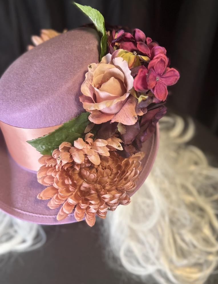 Lady Lavender Floral Top Hat – Lavender Pink Hat, Fairycore Headpiece, Garden Party Hat, Pastel Top Hat, Ren Faire, Cosplay