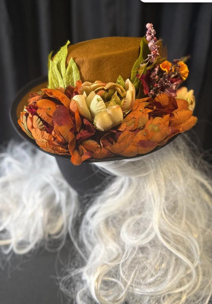 Coco Spice Autumn Floral Top Hat – Ochre Top Hat, Fall Floral Hat, Cottagecore Headpiece, Harvest Hat, Ren Faire, Festival Wear
