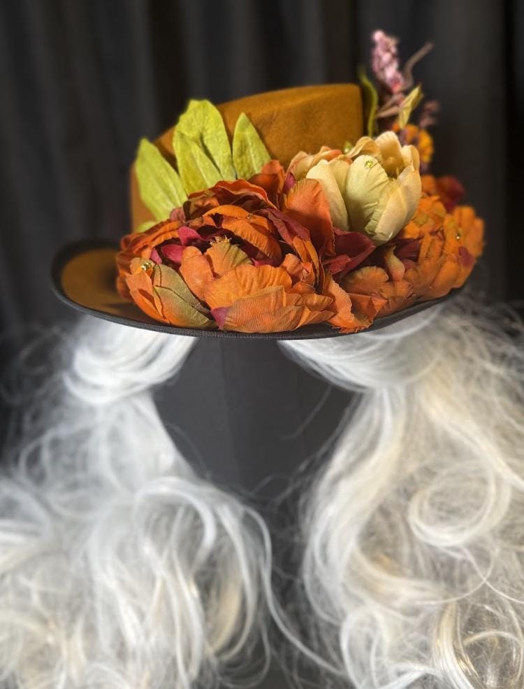 Coco Spice Autumn Floral Top Hat – Ochre Top Hat, Fall Floral Hat, Cottagecore Headpiece, Harvest Hat, Ren Faire, Festival Wear