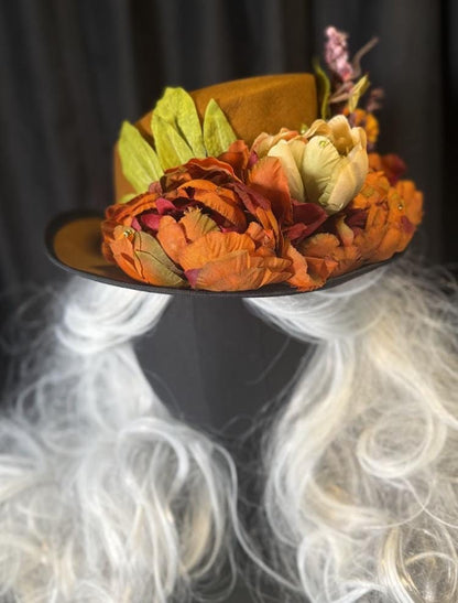 Coco Spice Autumn Floral Top Hat – Ochre Top Hat, Fall Floral Hat, Cottagecore Headpiece, Harvest Hat, Ren Faire, Festival Wear