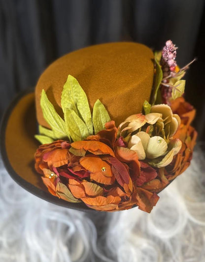 Coco Spice Autumn Floral Top Hat – Ochre Top Hat, Fall Floral Hat, Cottagecore Headpiece, Harvest Hat, Ren Faire, Festival Wear