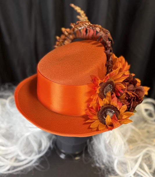 Orange Crush Fiery Harvest Top Hat – Orange Floral Top Hat, Festival Hat, Autumn Headpiece, Bold Statement Hat, Ren Faire, Cosplay