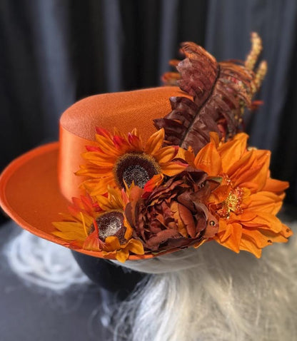 Orange Crush Fiery Harvest Top Hat – Orange Floral Top Hat, Festival Hat, Autumn Headpiece, Bold Statement Hat, Ren Faire, Cosplay