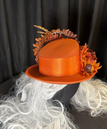 Orange Crush Fiery Harvest Top Hat – Orange Floral Top Hat, Festival Hat, Autumn Headpiece, Bold Statement Hat, Ren Faire, Cosplay