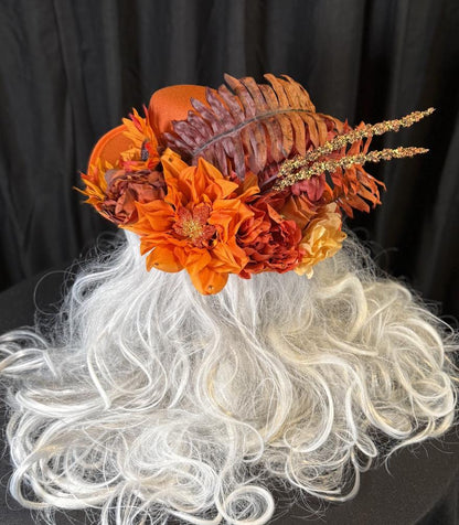 Orange Crush Fiery Harvest Top Hat – Orange Floral Top Hat, Festival Hat, Autumn Headpiece, Bold Statement Hat, Ren Faire, Cosplay