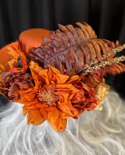 Orange Crush Fiery Harvest Top Hat – Orange Floral Top Hat, Festival Hat, Autumn Headpiece, Bold Statement Hat, Ren Faire, Cosplay