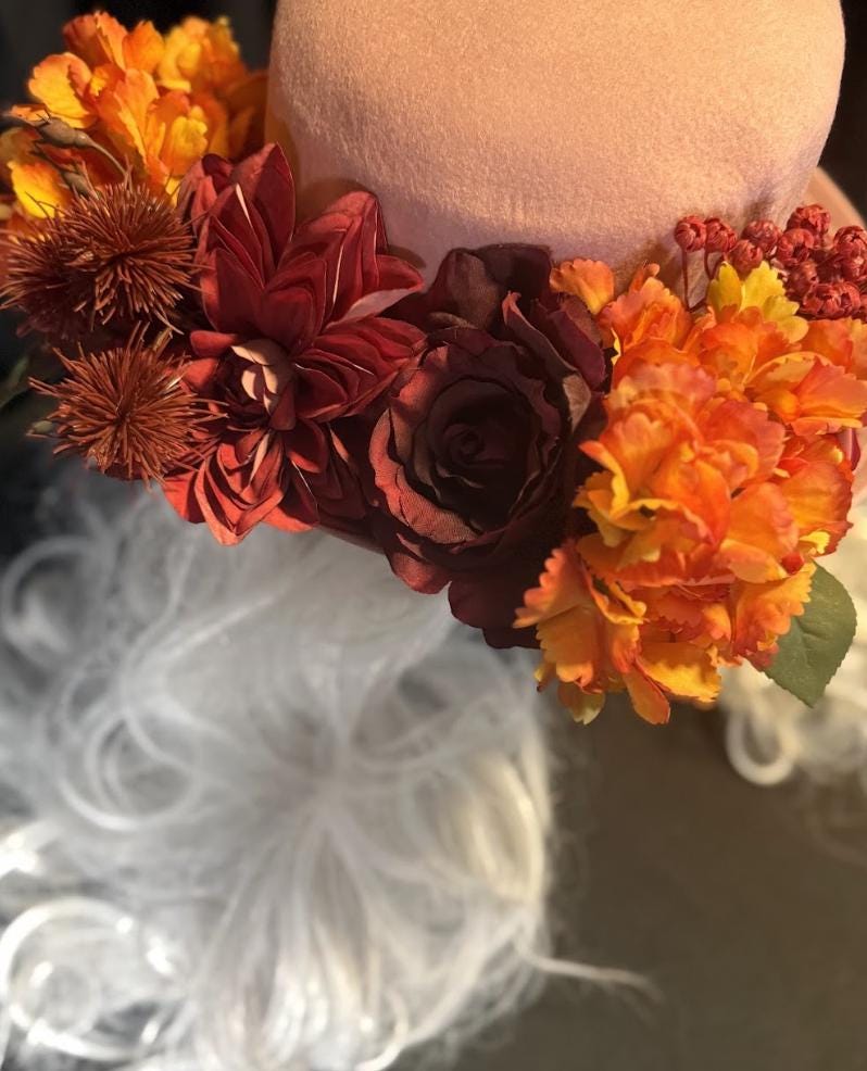 Thankful Thistle Harvest Rose Top Hat – Floral Top Hat, Rose Gold Hat, Autumn Headpiece, Cottagecore Hat, Ren Faire, Festival Wear