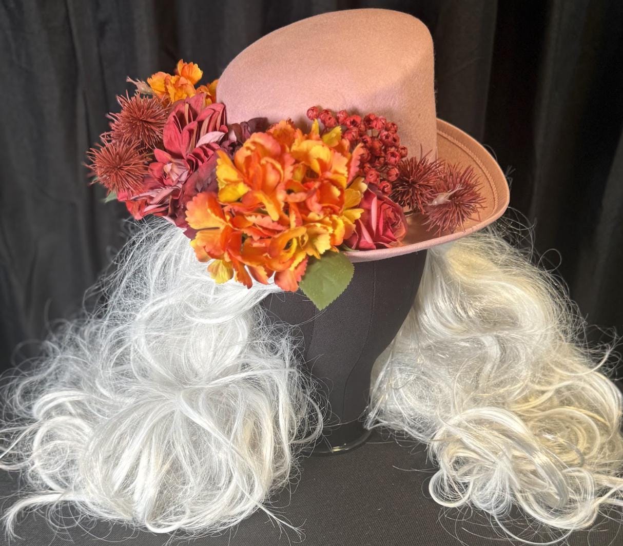 Thankful Thistle Harvest Rose Top Hat – Floral Top Hat, Rose Gold Hat, Autumn Headpiece, Cottagecore Hat, Ren Faire, Festival Wear