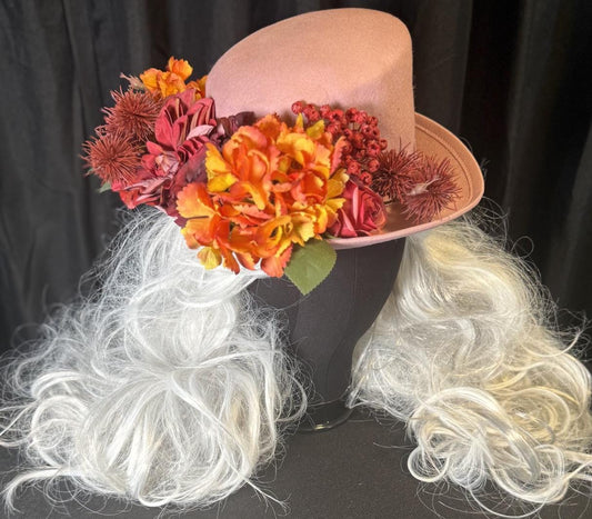 Thankful Thistle Harvest Rose Top Hat – Floral Top Hat, Rose Gold Hat, Autumn Headpiece, Cottagecore Hat, Ren Faire, Festival Wear